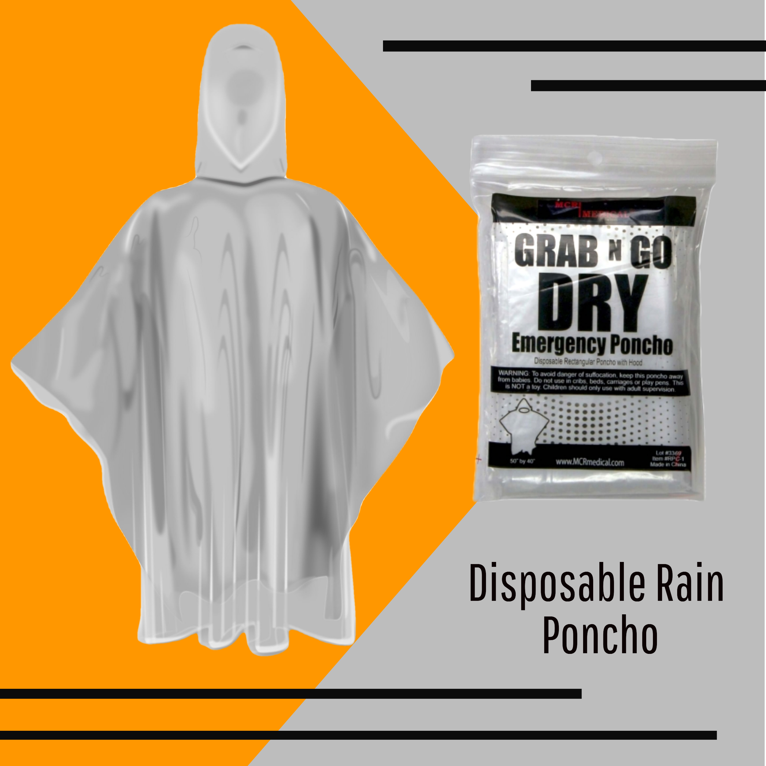 MCR Medical Disposable Rain Ponchos with Hood